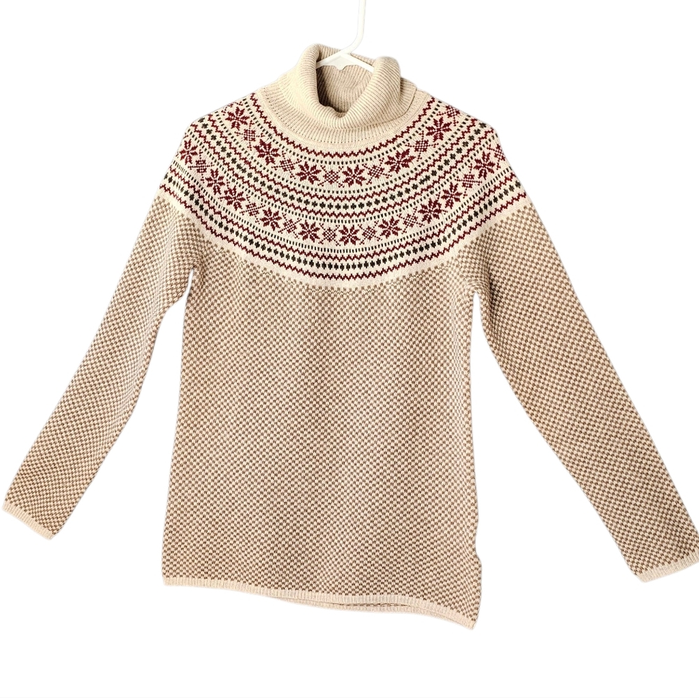 Brooks Brothers Women Beige Fair Isle Turtleneck 100% Merino Wool Sweater Size M